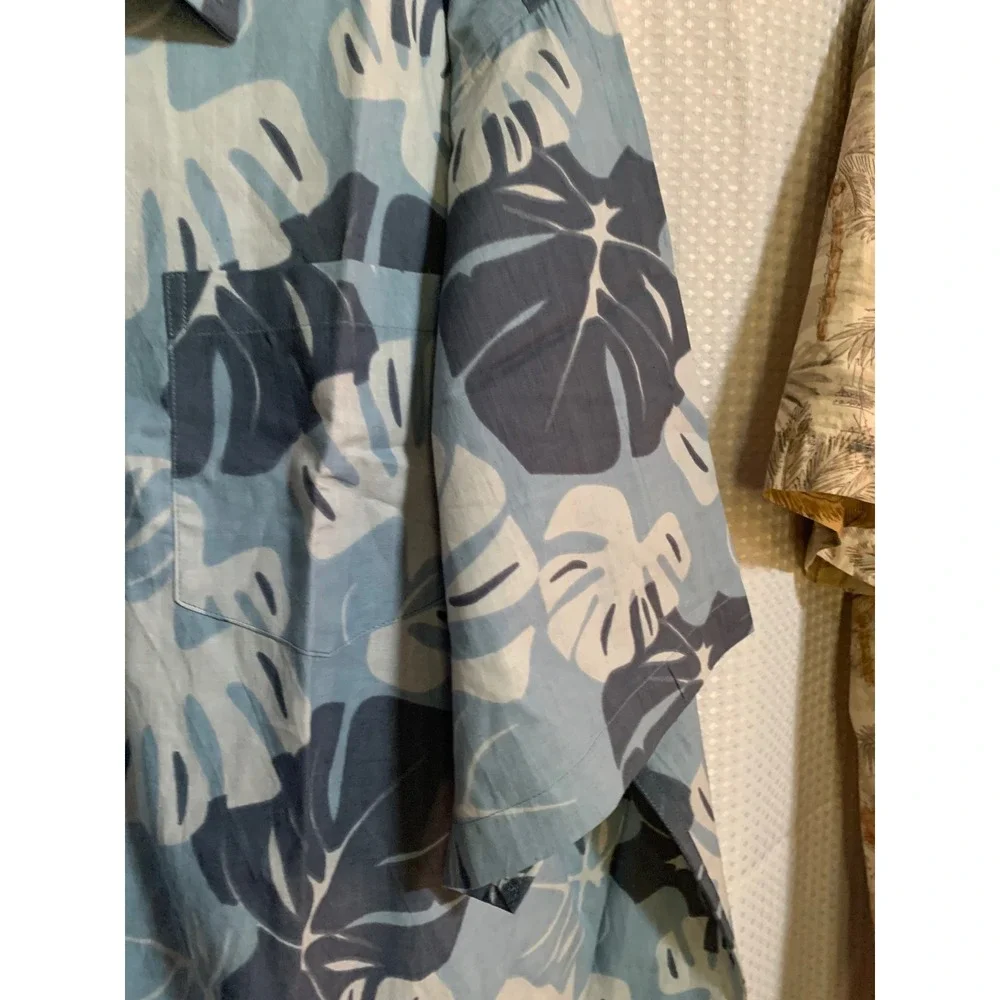 Real Essentials Mens 4XT Blue Monstera‎ Leaf Tropical Cotton Button Down Shirt